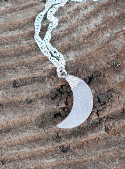 Pink Druzy Quartz Moon Pendant - silver